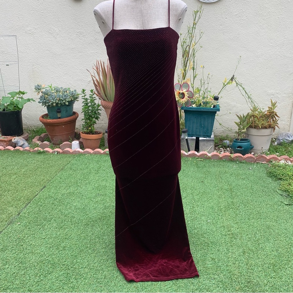 Y2k vintage deep red velvet maxi dress with sides slits